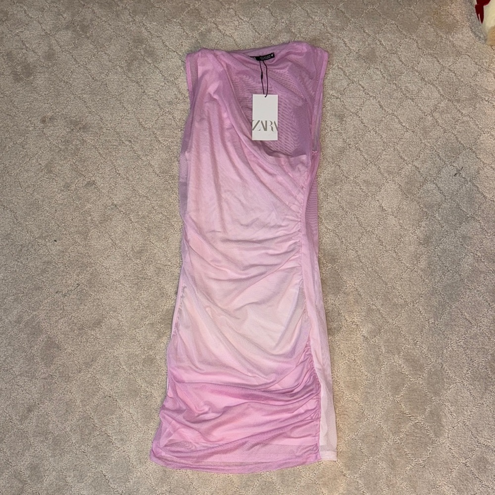 Zara Pink Ruched Bodycon Midi Dress